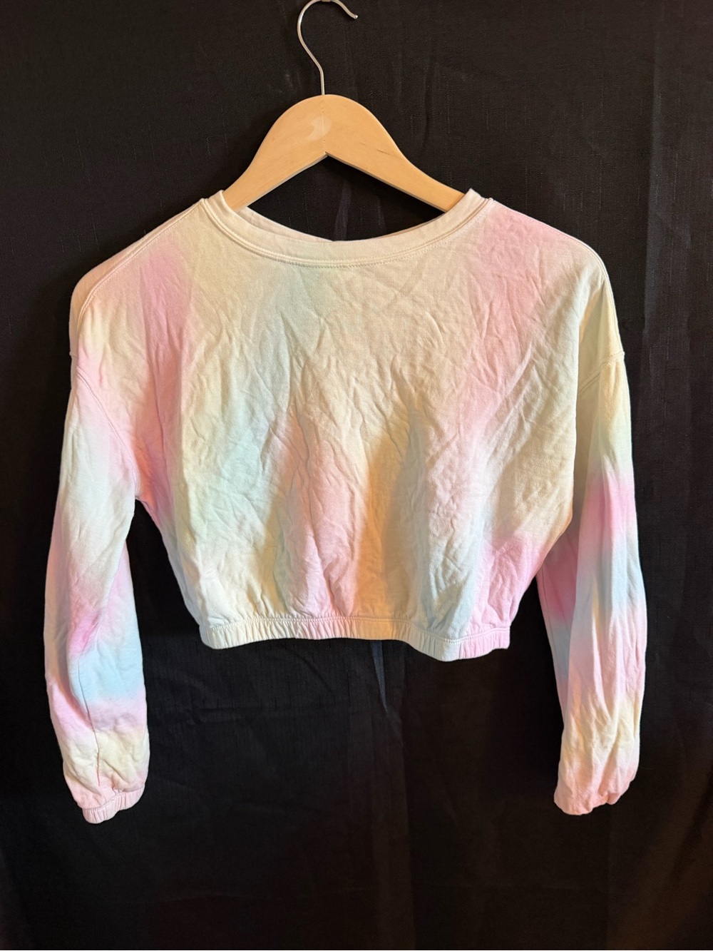Athleta Pastel Tie-Dye Cropped Sweatshirt in Pink, Blue, Yellow, Cream